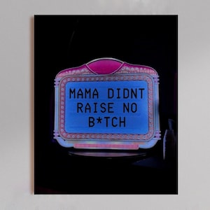 May include: A sign with the text "MAMA DIDNT RAISE NO B*TCH" in white letters on a blue background. The sign has a pink and silver decorative frame, with a black background.