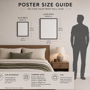 May include: A poster size guide with two framed posters, 8x10 inches (20x25 cm) and 16x20 inches (40x50 cm), displayed against a neutral wall. The guide includes size references, common sizes, and tips for visual balance. A person's silhouette is also shown.