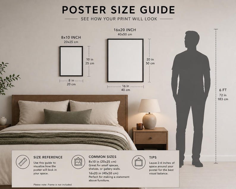 May include: A poster size guide with two framed posters, 8x10 inches (20x25 cm) and 16x20 inches (40x50 cm), displayed against a neutral wall. The guide includes size references, common sizes, and tips for visual balance. A person's silhouette is also shown.