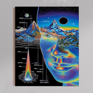 May include: A vibrant art print featuring a double exposure effect that blends a human face with a mountain landscape. The composition includes technical diagrams, scientific labels, and a spectrum of colors against a deep black background.