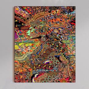 May include: A vibrant, psychedelic art print featuring a profile of a person with a headdress. The artwork is a kaleidoscope of colors, including red, orange, yellow, green, and blue, with intricate patterns and textures throughout.