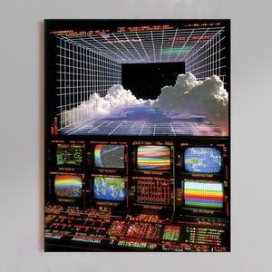 Puede incluir: Una impresión de estilo retro que presenta un túnel de cuadrícula digital con nubes y un cielo estrellado. Debajo, un panel de monitores de computadora antiguos muestra datos y gráficos coloridos, evocando la tecnología y la ciencia ficción de los años 80.