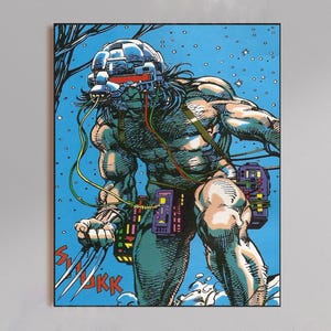 May include: Comic book illustration of a muscular character with a futuristic helmet and claws. The character is depicted in a dynamic pose against a blue background with the sound effect "SNIKK" in the lower left corner.