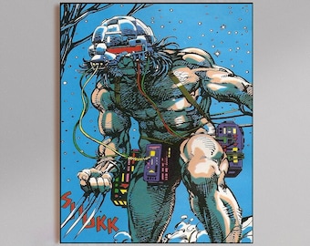 May include: Comic book illustration of a muscular character with a futuristic helmet and claws. The character is depicted in a dynamic pose against a blue background with the sound effect "SNIKK" in the lower left corner.