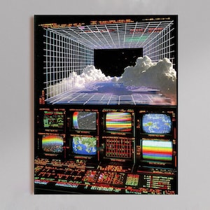 May include: A rectangular wall art print featuring a retro-futuristic control console with eight small monitors displaying colorful data, maps, and static, positioned below a large screen showing a white grid tunnel over clouds against a black sky.