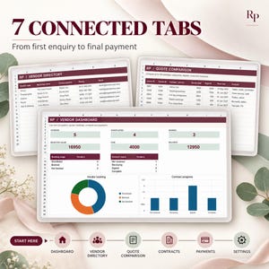 Seven connected vendor tracker tabs with quote and payment previews.