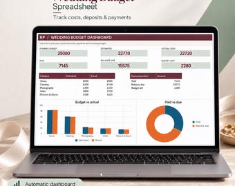 May include: A laptop screen displaying a Wedding Budget Spreadsheet dashboard with data tables, a bar chart comparing estimated versus actual costs, and a donut chart showing paid versus due amounts. The interface includes text labels for costs.