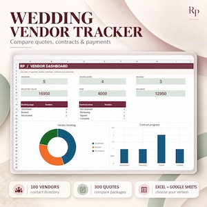 Wedding vendor tracker cover showing quote comparison and payment dashboard.