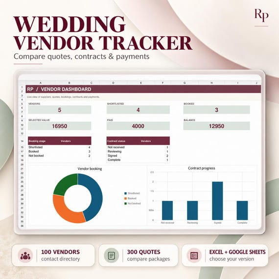 Wedding Vendor Tracker Spreadsheet, Quote Comparison and Payment Planner, Excel Google Sheets