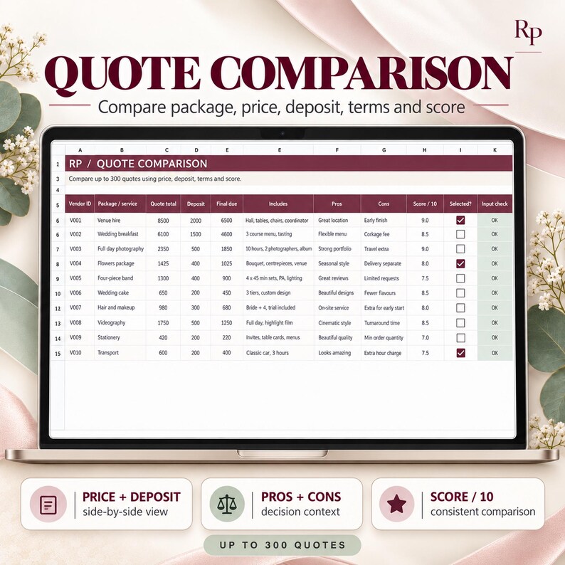 Quote Comparison sheet showing prices, deposits, terms and scores.