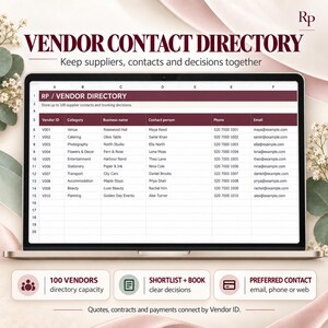 Vendor Directory sheet showing contacts and booking status.