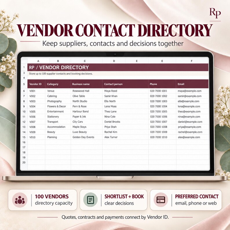 Vendor Directory sheet showing contacts and booking status.