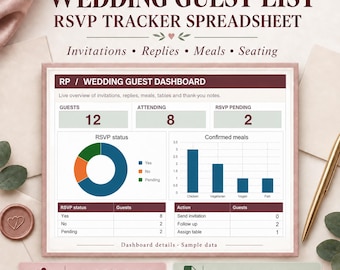 May include: A digital wedding guest list RSVP tracker spreadsheet dashboard featuring a pie chart for RSVP status, a bar graph for confirmed meals, and tables for guest counts and action items. The interface displays data for up to 500 guests.