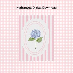 May include: Digital download featuring a cross-stitch design of a blue hydrangea flower with green leaves and stem, set against a pink and white striped background. The text "Hydrangea Digital Download" is at the top. The background is a pink gingham pattern.