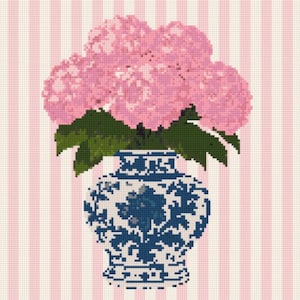 Pink Delft Hydrangea Needlepoint Chart – Striped Background (PDF Pattern)