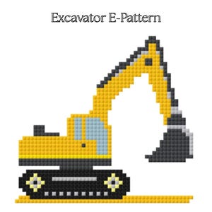 May include: A pixelated illustration of a yellow excavator with black treads and a gray bucket. The text "Excavator E-Pattern" is at the top. The excavator is on a white background. The design is likely for a cross-stitch or embroidery project.