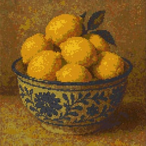 May include: A still life painting of a bowl filled with lemons. The bowl is blue and white with a floral design. The lemons are yellow and have green leaves. The background is a warm, earthy tone.