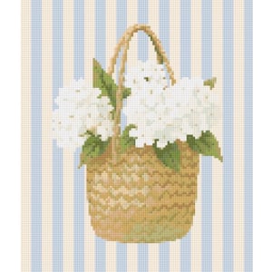 May include: A cross-stitch image of a woven basket filled with white hydrangeas and green leaves. The basket has a handle and sits against a backdrop of vertical blue and beige stripes. The overall aesthetic is a charming, floral theme.