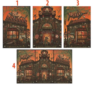 Può includere: Illustrazione dettagliata di un edificio rustico con la scritta "Billy's" e un'insegna a forma di squalo. L'opera d'arte presenta una tavolozza di colori arancione e marrone, con dettagli intricati dell'architettura dell'edificio e dell'ambiente paludoso. La parola "Floyd's" è anche visibile.