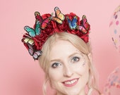 Floral Crown with Red Roses and Rainbow Butterflies