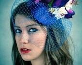 Fascinator Hat in Blue Vintage Style Floral Veil Bridal Wedding