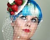 Cake Fascinator Hat Bridal Pinup Vintage Retro Kitsch Pinup Strawberries and Cream Cupcakes