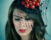 Fascinator Hat with Cherries and Veil Vintage Retro Kitsch Pinup Fruit