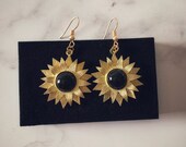 Gold Boho Sunflower Earrings with Onyx Crystals