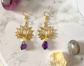 Spiritual Amethyst and Lotus Flower Earrings | Calming anti anxiety jewellery