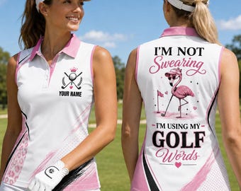 Benutzerdefiniertes Damen Golf-Poloshirt, Flamingo Golf Jersey, personalisiertes rosa Golf-Shirt, Golf-Wörter-Shirt, Geschenk für Golfer, Golf-Mädchen-Poloshirt