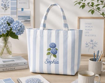 Hydrangea Embroidered Tote Bag, Blue Striped Personalized Tote, Floral Canvas Bag, Custom Name Beach Tote, Gift for Her, Summer Lover Gift