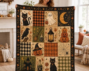 Halloween Quilt Blanket, Black Cat Ghost Pumpkin Patchwork Bed Quilt, Cozy Fall Bedding Throw, Farmhouse Autumn Decor Gift Halloween Gift