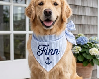 Embroidered Nautical Dog Bandana, Custom Embroidered Pet Bandana, Seersucker Puppy Bandana, Anchor Dog Scarf Gift, Dog Cat Bandana