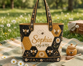 Personalized Bee Print Quilted Tote Bag, Custom Honey Bee Shoulder Bag, Floral Bee Tote, Beekeeper Gift, Cottagecore Market Bag Bee Lover