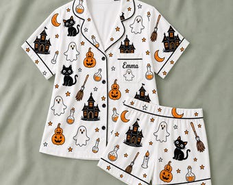 Personalisierter Halloween-Pyjama, Katzen-Geist-Pyjama-Set, individueller Name-Shirt-Pyjama, Spukhaus-Kürbis-Nachtwäsche-Geschenkset