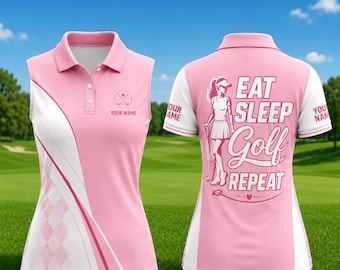 Polo de golf personnalisé pour femme, maillot de golf rose Eat Sleep Golf Repeat, pochette avec nom personnalisé, cadeau golfeur pour elle, polo de golf fille