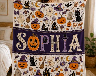 Personalized Halloween Fleece Blanket, Custom Name Pumpkin Ghost Throw, Cute Witch Cat Blanket, Spooky Autumn Blanket, Halloween Gift