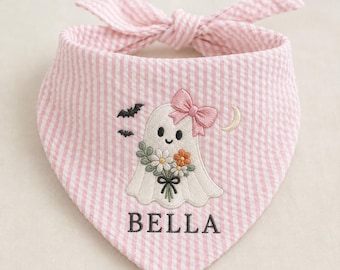 Personlig Halloween-hundbandana, broderad flickspökhalsduk för husdjur, anpassad bandana för husdjursnamn, blommig läskig valppresent för höstfester och kul