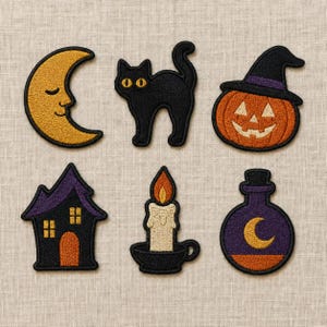 Toppa ricamata di Halloween, gatto nero, luna, zucca, casa stregata, candela, strega, pozione, applicazione spettrale termoadesiva per vestiti e borse