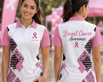 Personalized Breast Cancer Awareness Sleeve Polo Shirt, Pink Ribbon Golf Shirt, Custom Name Women’s Polo, Breast Cancer Support Team Shirt