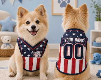 Personalized USA Flag Patriotic Pet Jersey, Custom USA Dog Shirt, 4th of July Pet Clothing, Name Number Dog Outfit, American Flag Cat Shirt