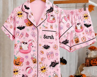 Personalized Halloween Summer Pajama Set, Custom Name Pajamas, Pink Spooky Cute Pajama Set, Women Button Up Summer Halloween Sleepwear Gift
