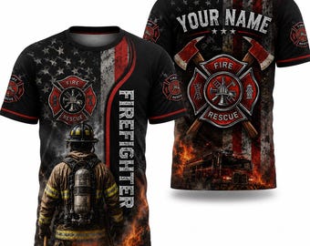 Gepersonaliseerde brandweerman T-shirt, custom brandweershirt, brandweerman Amerikaanse vlag T-shirt, brandweer cadeau, brandweerman shirt, vergeet nooit