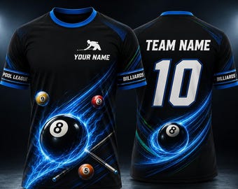 Custom Billiards Jersey, Personalized Team Name & Number Shirt, Black Red Pool League Uniform, Youth Adult Sports Gift for Team Players