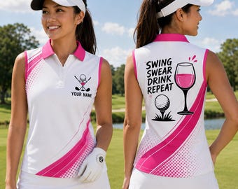 Personalized Women Golf Polo Shirt, Funny Swing Swear Drink Repeat Golf Shirt, Custom Name Golf Outfit, Ladies Golf Gift, Golf Team Shirt