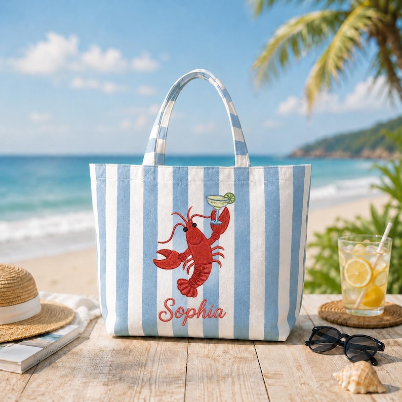 Personalized Lobster Beach Tote Bag, Embroidered Coastal Tote, Custom Name Summer Bag, Preppy Blue Stripe Tote, Vacation Gift for Women bild 1