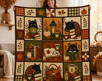 Cozy Autumn Black Cat Quilt Blanket, Fall Patchwork Cat Throw Blanket, Pumpkin Book Coffee Quilt, Thanksgiving Gift Autumn Halloween Blanket
