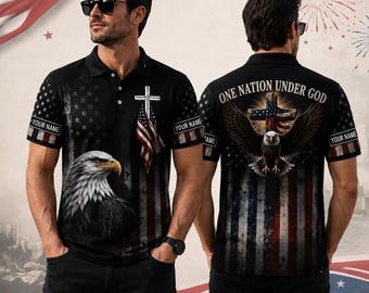 Custom Christian Patriotic Polo Shirt, America One Nation Under God Shirt, Eagle Cross Faith Freedom  Polo, Personalized Name Polo Shirt