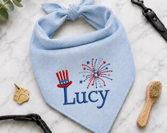 Personalized 4th July Pet Bandana, Custom Embroidered Dog Bandana with Name, 250 Patriotic Puppy Scarf, USA Independence Day Pet Accessories