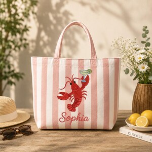 Personalized Lobster Beach Tote Bag, Embroidered Coastal Tote, Custom Name Summer Bag, Preppy Blue Stripe Tote, Vacation Gift for Women bild 5